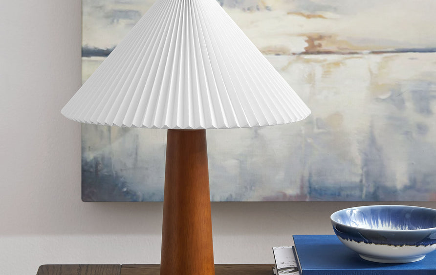 Zedoary Wooden Base Table Lamp With Pleated Fabric Shade in Walnut