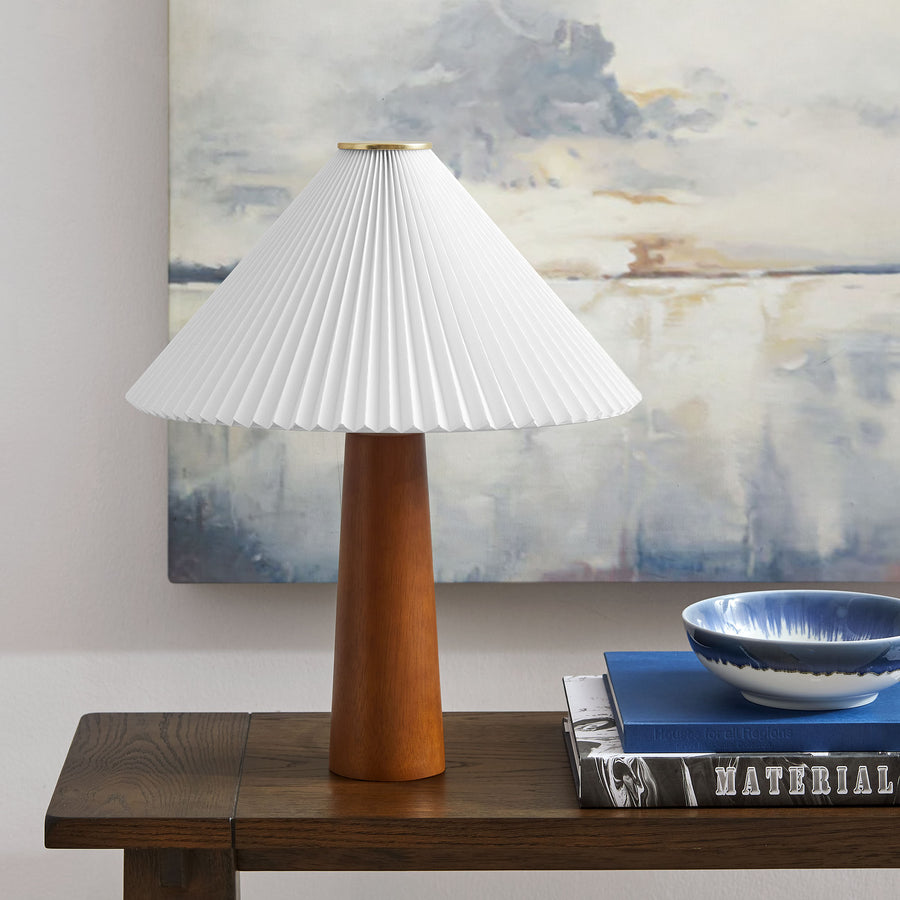 Zedoary Wooden Base Table Lamp With Pleated Fabric Shade in Walnut