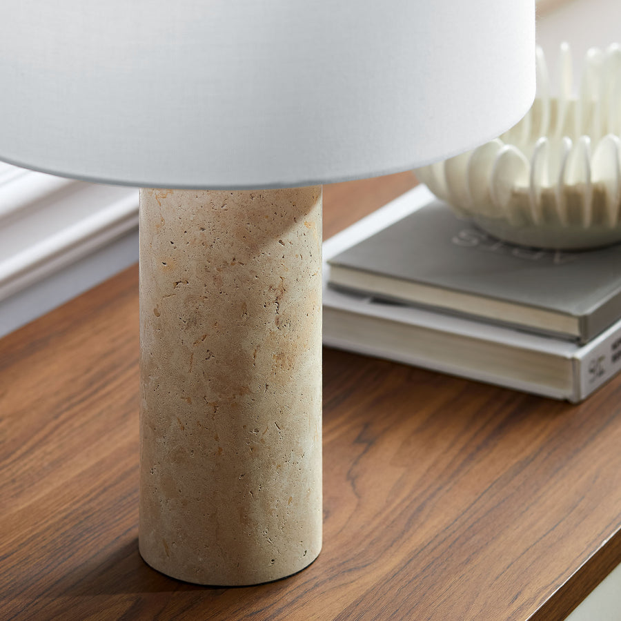 Malung Travertine Table Lamp With Fabric Drum Shade in Travertine