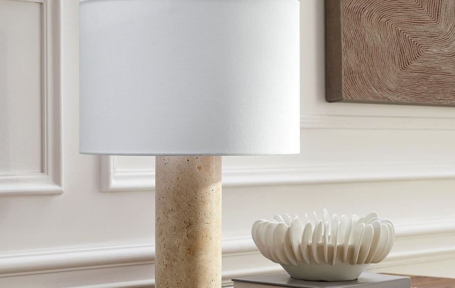 Malung Travertine Table Lamp With Fabric Drum Shade in Travertine