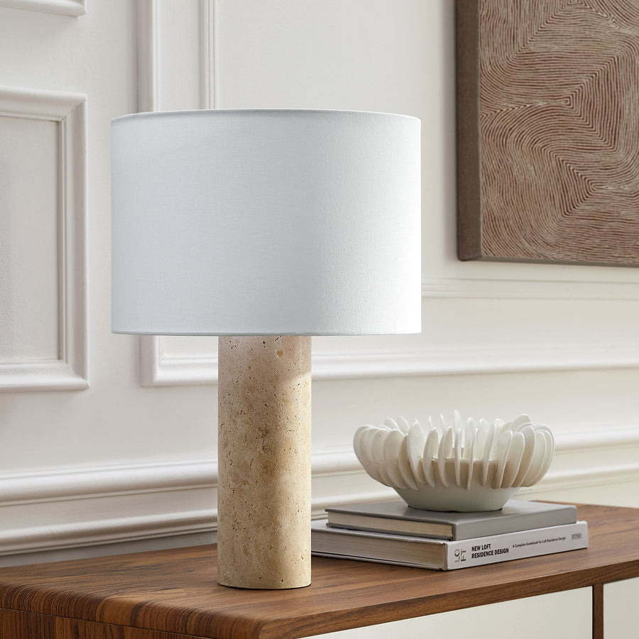 Malung Travertine Table Lamp With Fabric Drum Shade in Travertine