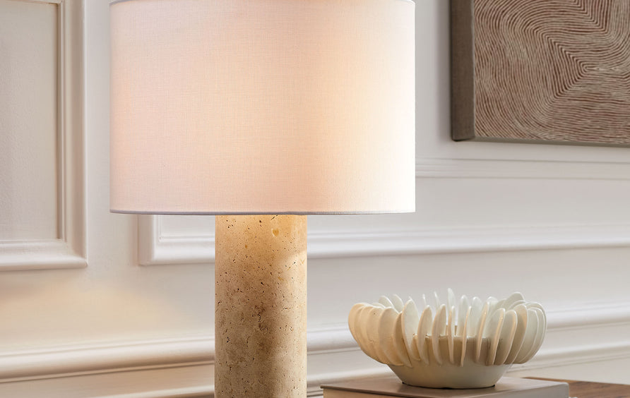 Malung Travertine Table Lamp With Fabric Drum Shade in Travertine