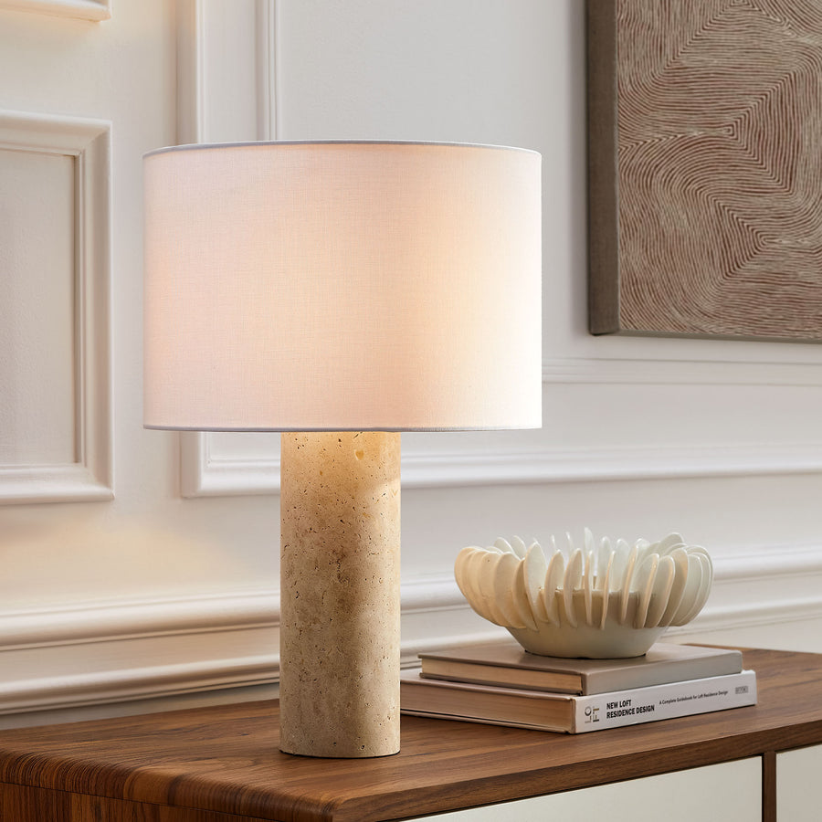 Malung Travertine Table Lamp With Fabric Drum Shade in Travertine