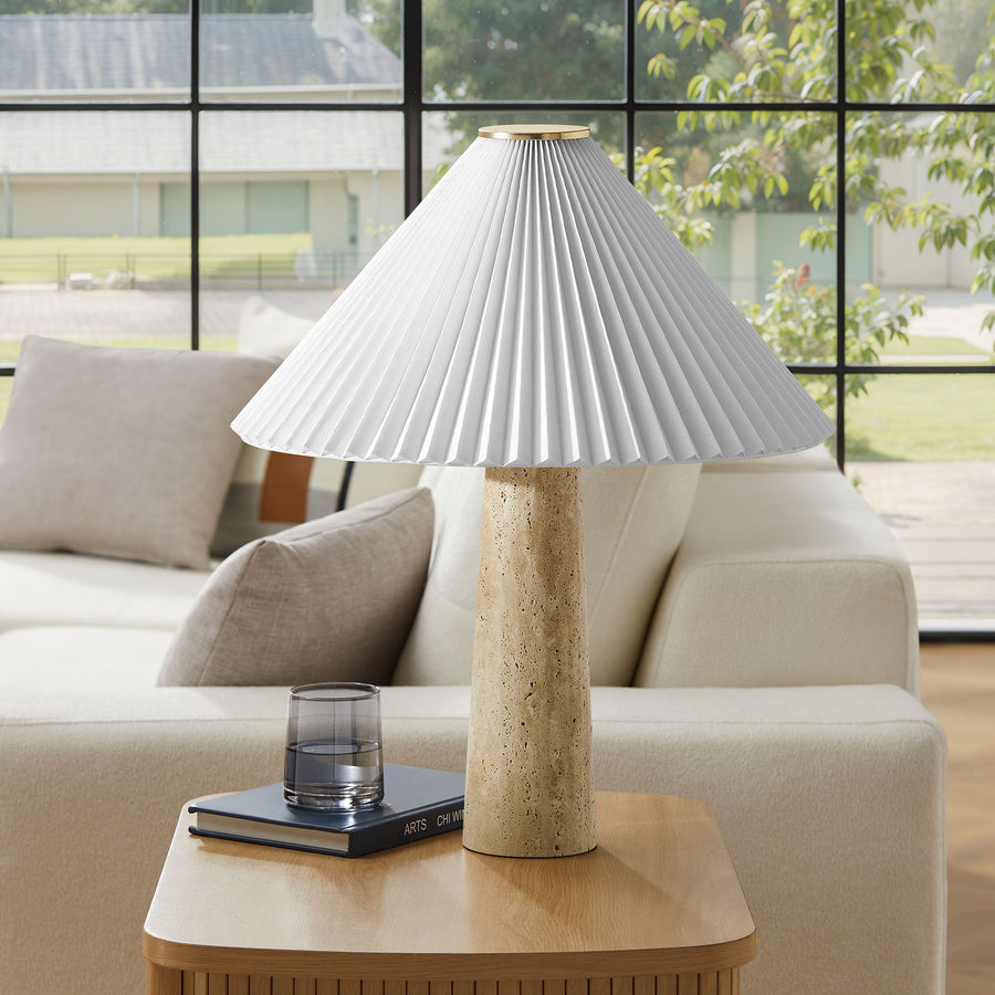 Flora Travertine Table Lamp With Pleated Shade in Travertine
