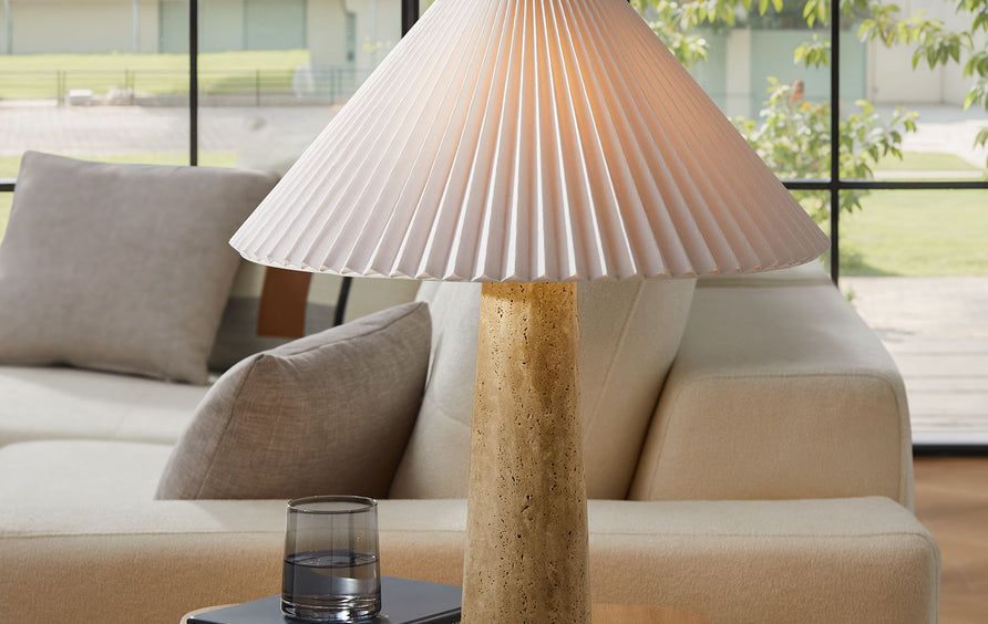 Flora Travertine Table Lamp With Pleated Shade in Travertine