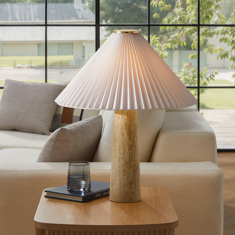 Flora Travertine Table Lamp With Pleated Shade in Travertine