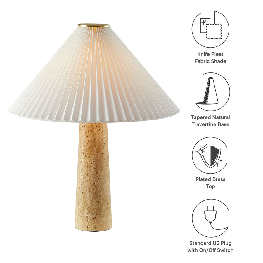 Flora Travertine Table Lamp With Pleated Shade in Travertine