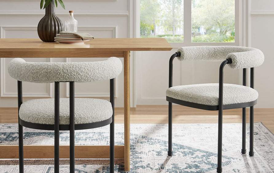 Carys Curved Back Boucle and Metal Dining Accent Chair in Black Pearl