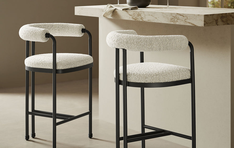 Carys Curved Back Boucle and Metal Counter Stool in Black Pearl