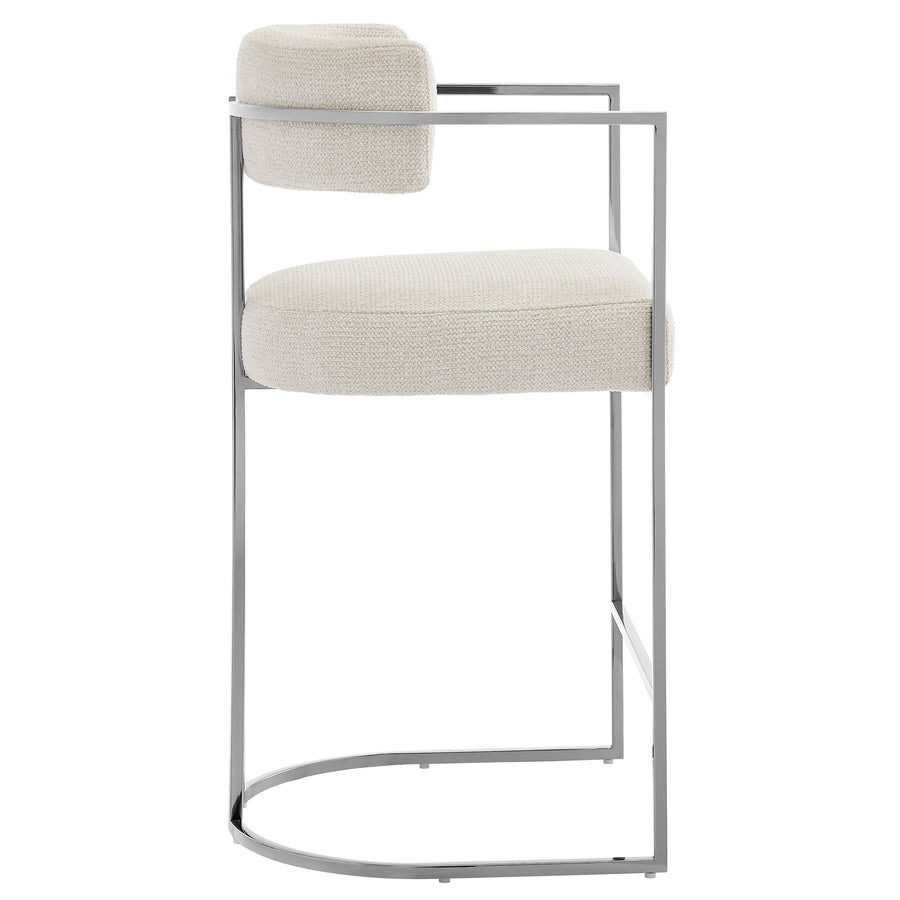 Paxton Curved Back Fabric and Metal Counter Stool in Silver Cream