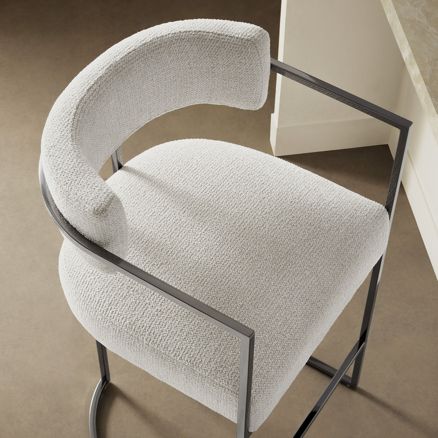 Paxton Curved Back Fabric and Metal Counter Stool in Silver Cream