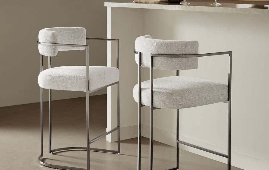 Paxton Curved Back Fabric and Metal Counter Stool in Silver Cream