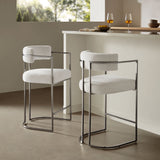 Paxton Curved Back Fabric and Metal Counter Stool in Silver Cream