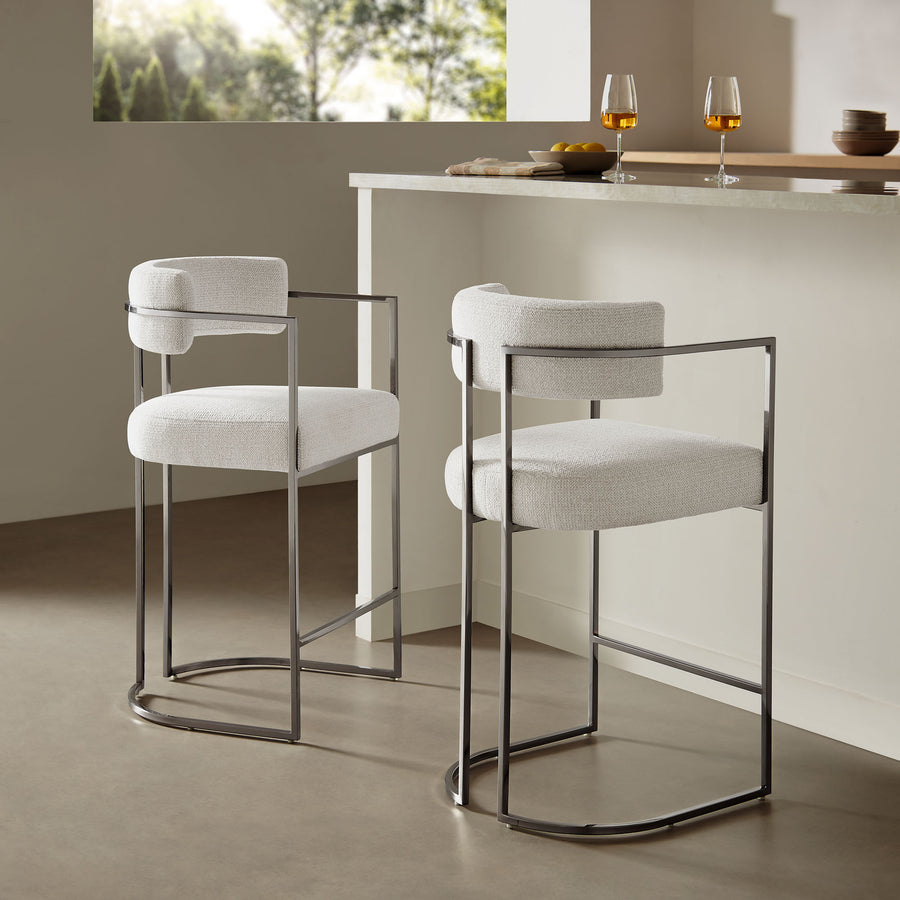 Paxton Curved Back Fabric and Metal Counter Stool in Silver Cream