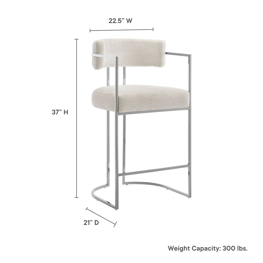 Paxton Curved Back Fabric and Metal Counter Stool in Silver Cream