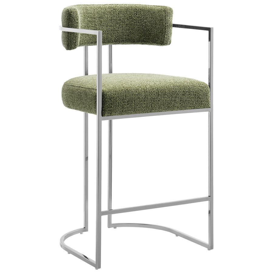 Paxton Curved Back Fabric and Metal Counter Stool in Silver Leaf