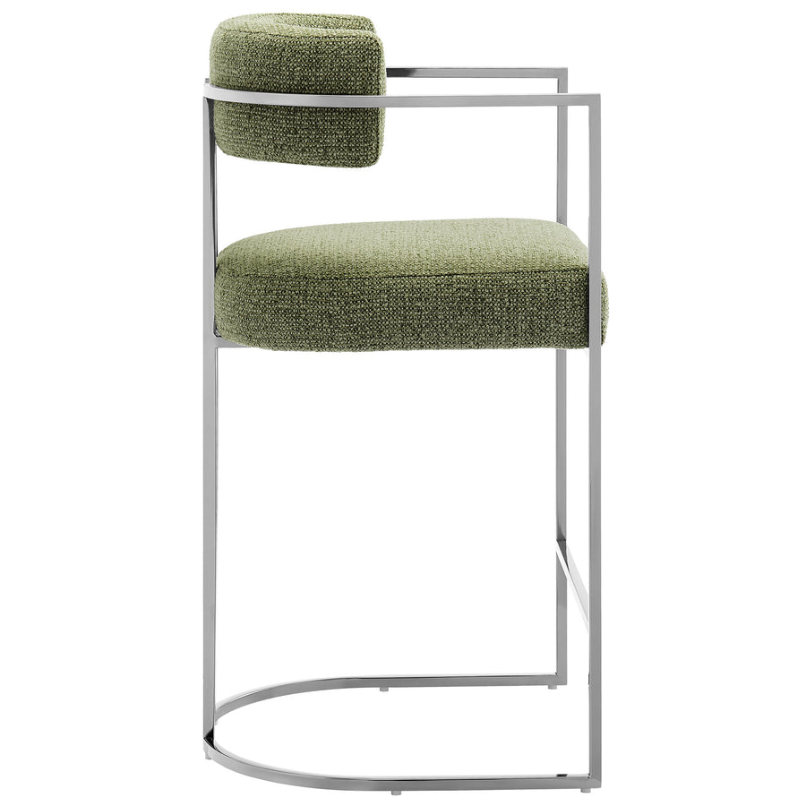 Paxton Curved Back Fabric and Metal Counter Stool in Silver Leaf
