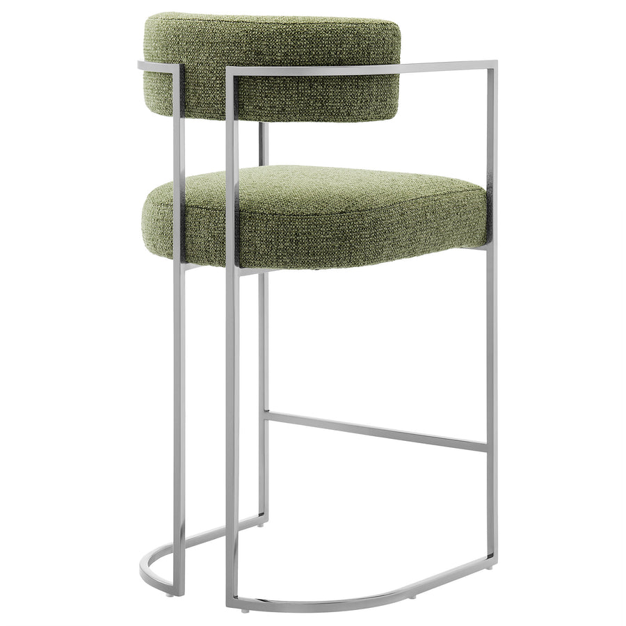 Paxton Curved Back Fabric and Metal Counter Stool in Silver Leaf