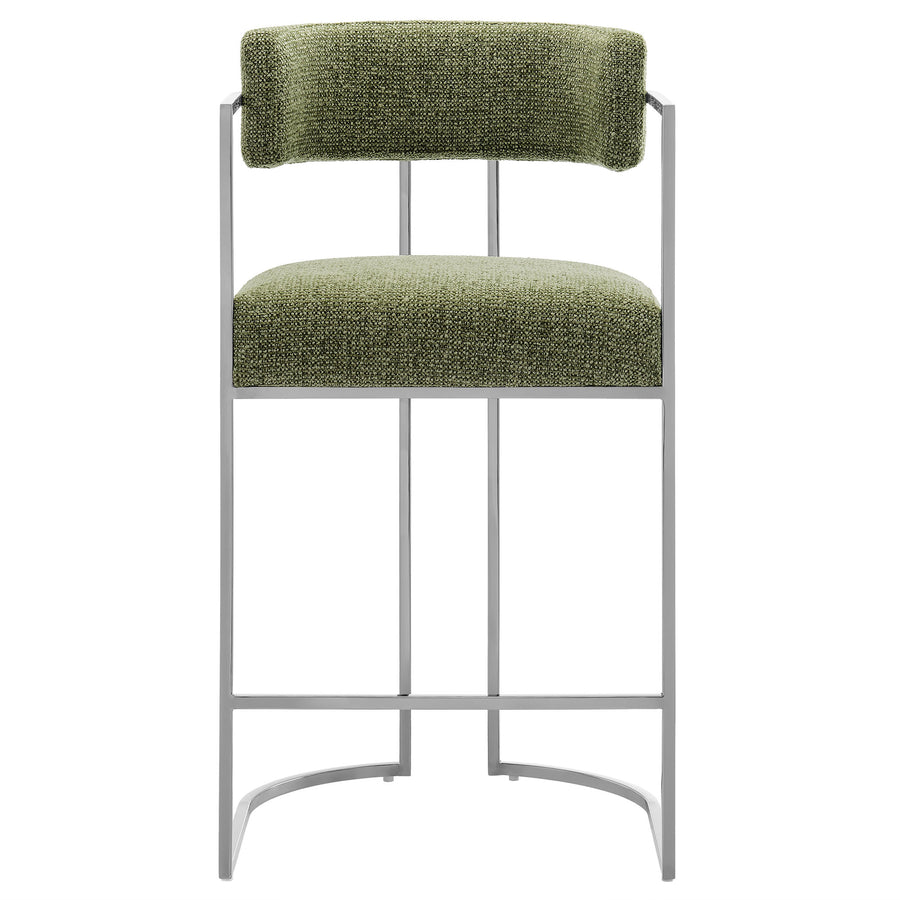 Paxton Curved Back Fabric and Metal Counter Stool in Silver Leaf
