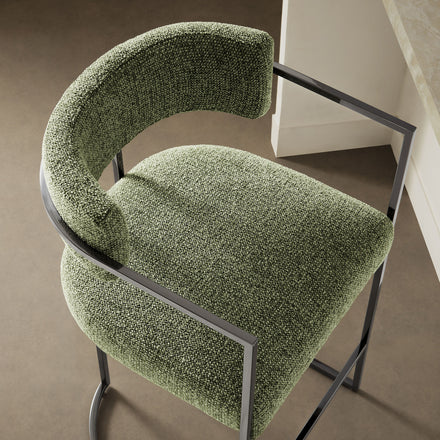 Huron Curved Back Fabric and Metal Counter Stool in Silver Leaf