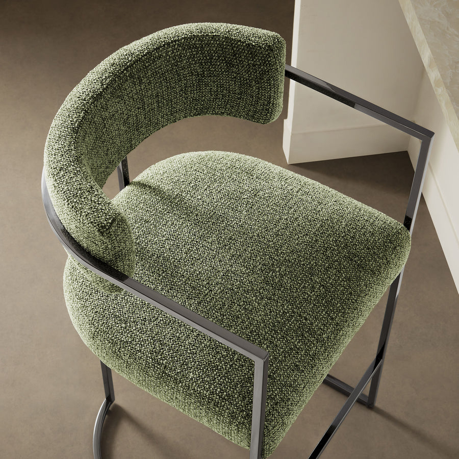Paxton Curved Back Fabric and Metal Counter Stool in Silver Leaf