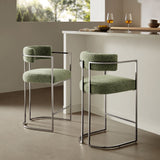 Paxton Curved Back Fabric and Metal Counter Stool in Silver Leaf