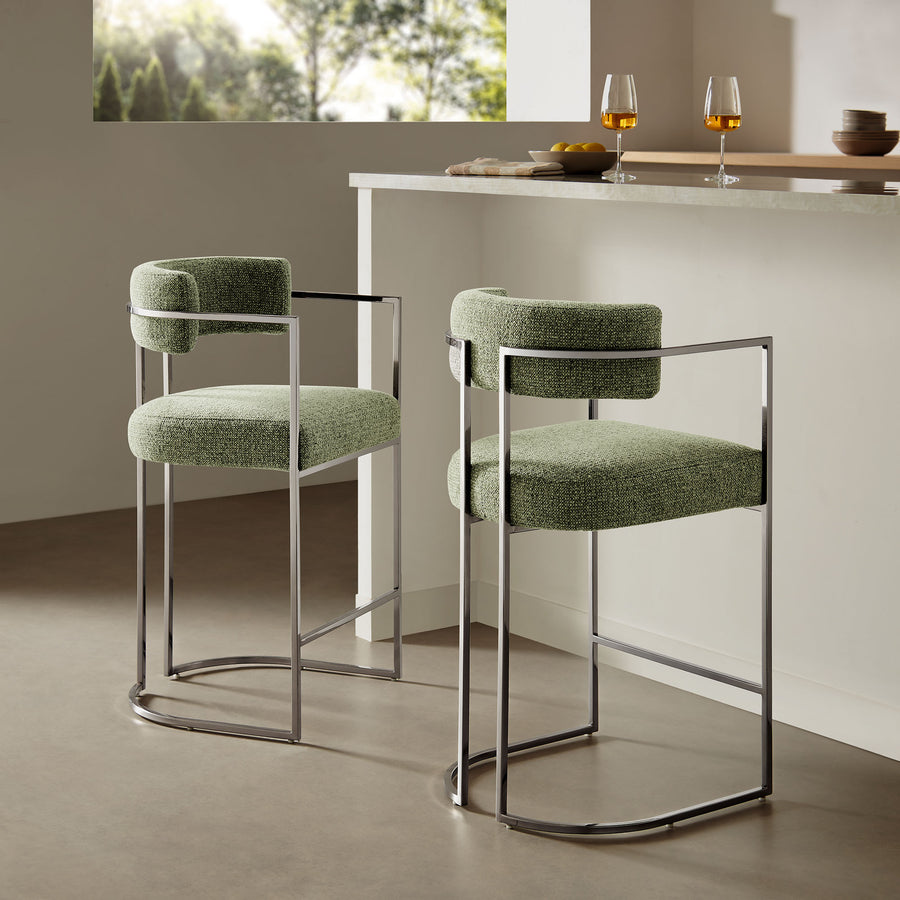 Paxton Curved Back Fabric and Metal Counter Stool in Silver Leaf