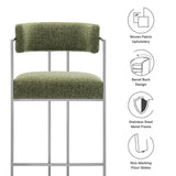 Paxton Curved Back Fabric and Metal Counter Stool in Silver Leaf