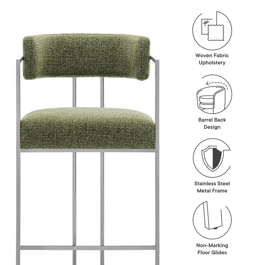 Paxton Curved Back Fabric and Metal Counter Stool in Silver Leaf