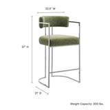 Paxton Curved Back Fabric and Metal Counter Stool in Silver Leaf