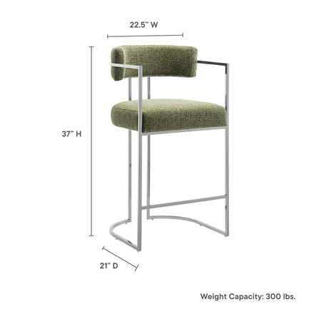 Huron Curved Back Fabric and Metal Counter Stool in Silver Leaf