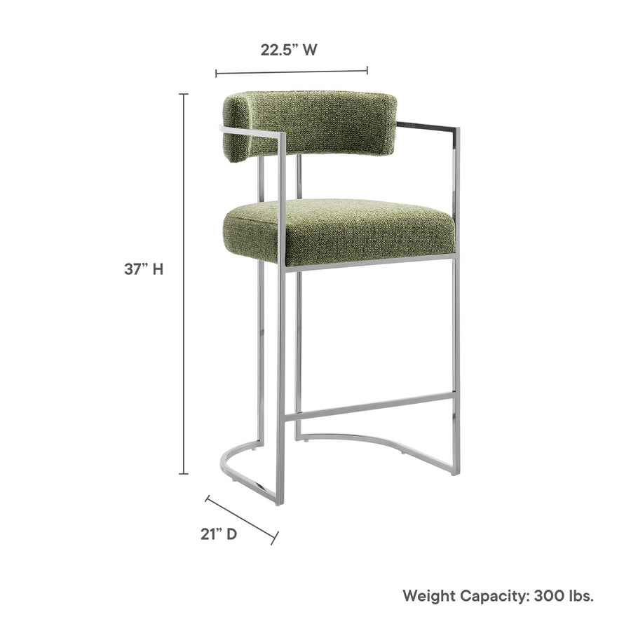 Paxton Curved Back Fabric and Metal Counter Stool in Silver Leaf