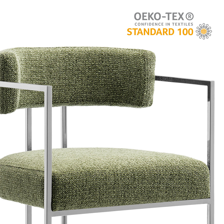 Paxton Curved Back Fabric and Metal Counter Stool in Silver Leaf