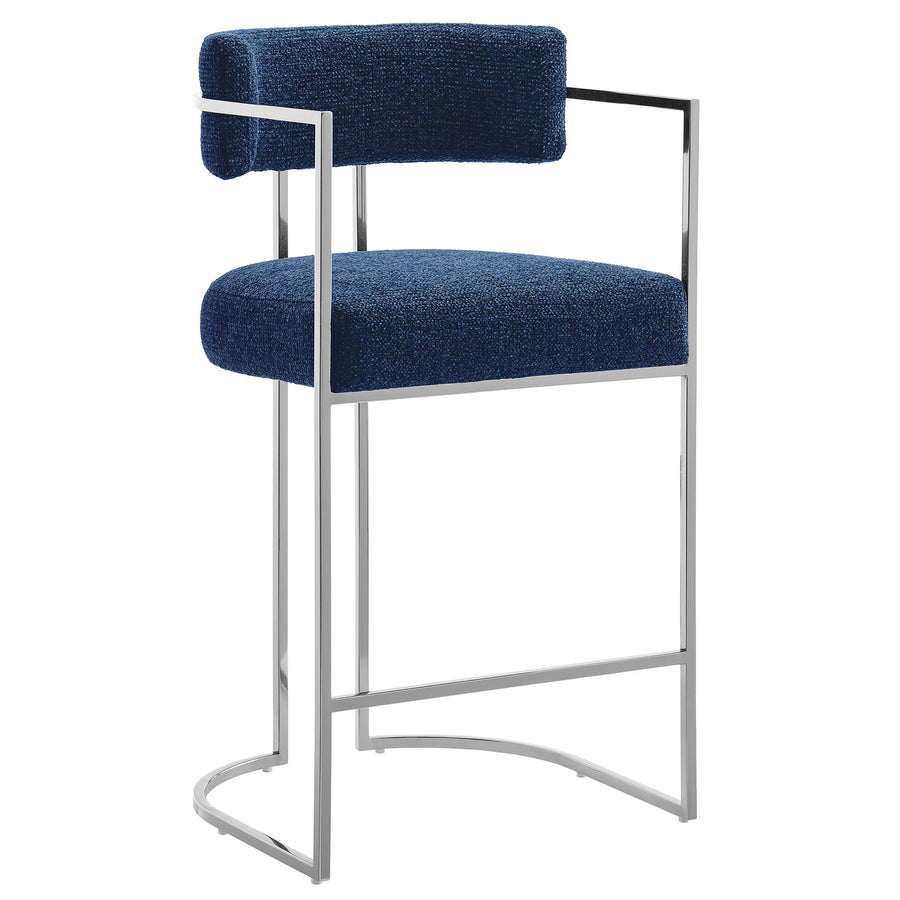 Paxton Curved Back Fabric and Metal Counter Stool in Silver Navy