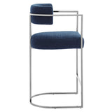 Paxton Curved Back Fabric and Metal Counter Stool in Silver Navy