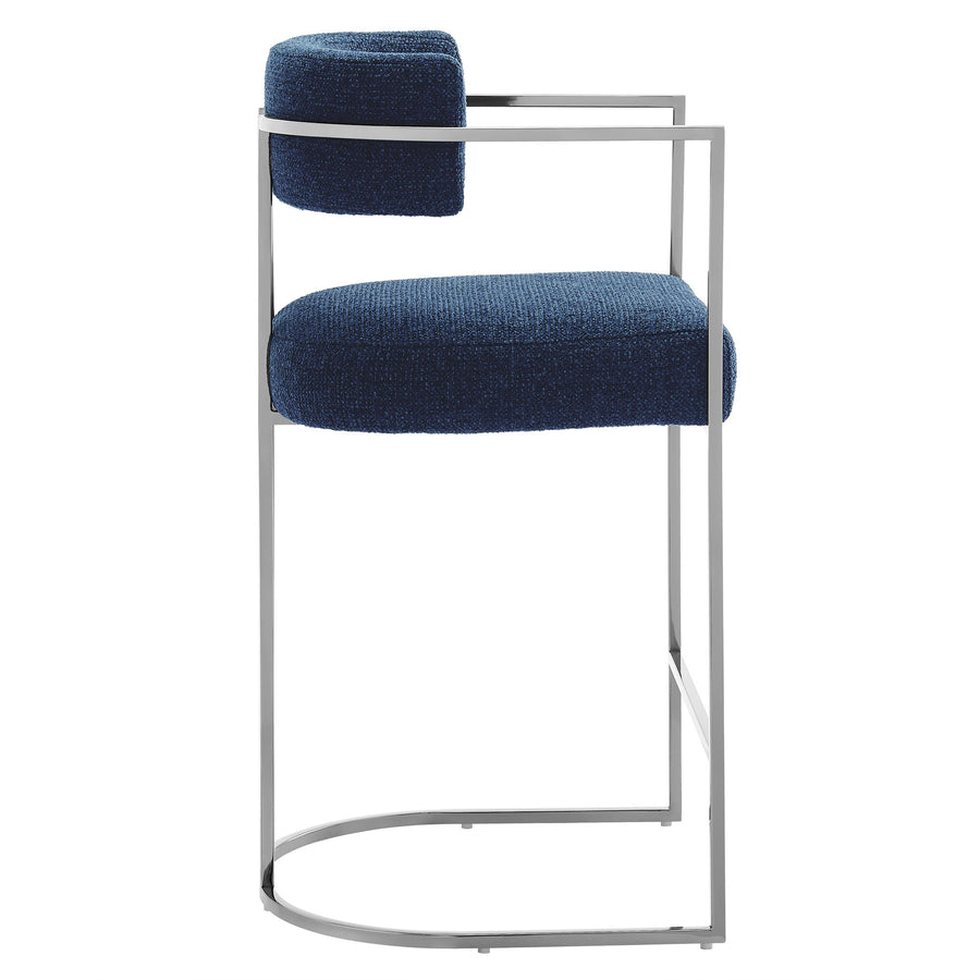 Paxton Curved Back Fabric and Metal Counter Stool in Silver Navy