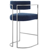 Paxton Curved Back Fabric and Metal Counter Stool in Silver Navy
