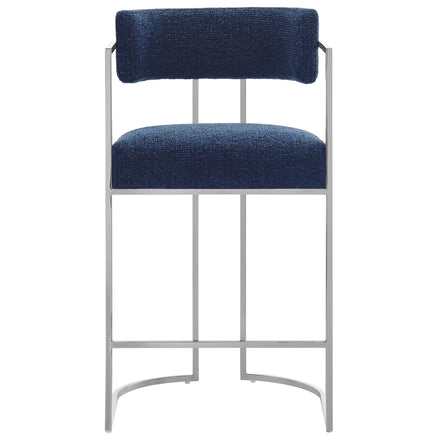 Huron Curved Back Fabric and Metal Counter Stool in Silver Navy