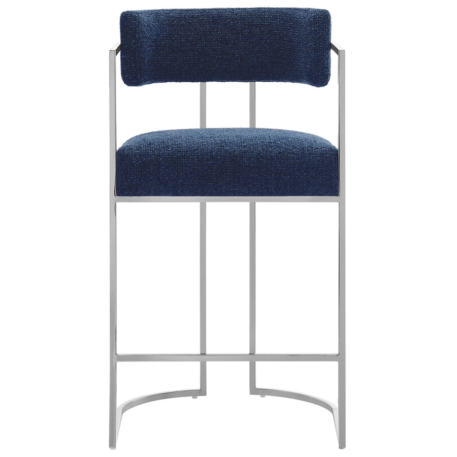 Paxton Curved Back Fabric and Metal Counter Stool in Silver Navy