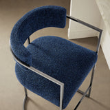 Paxton Curved Back Fabric and Metal Counter Stool in Silver Navy