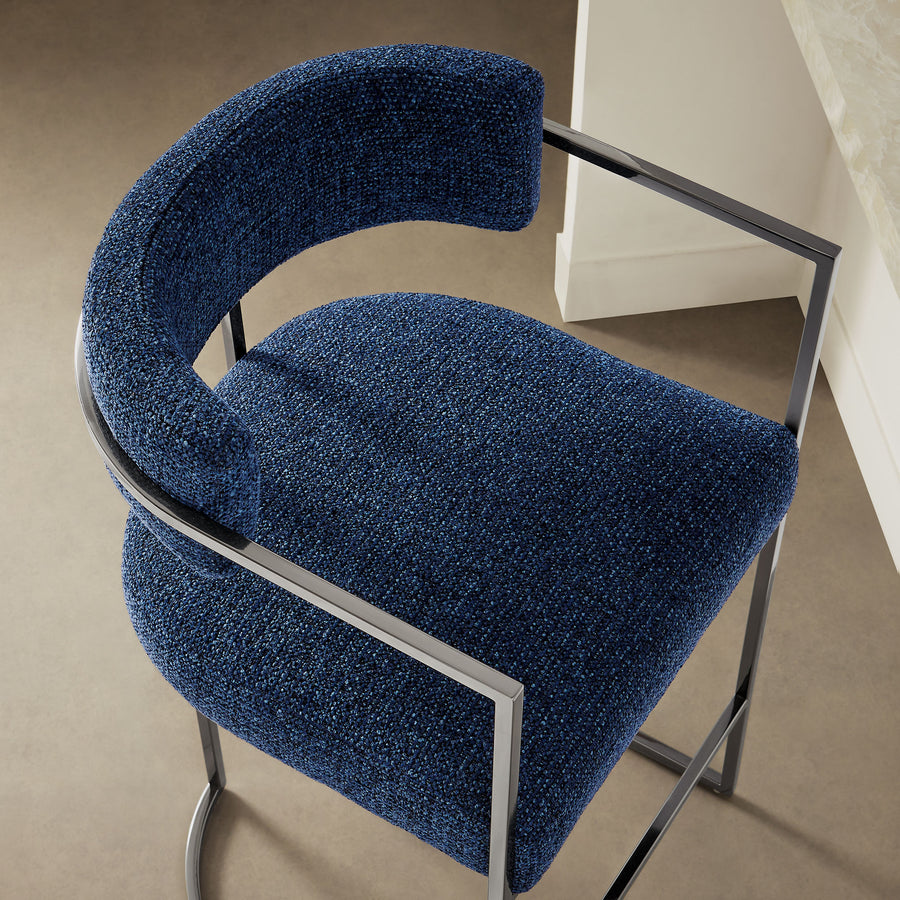 Paxton Curved Back Fabric and Metal Counter Stool in Silver Navy