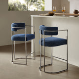 Paxton Curved Back Fabric and Metal Counter Stool in Silver Navy