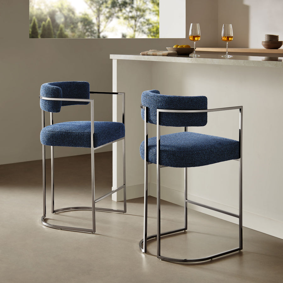 Paxton Curved Back Fabric and Metal Counter Stool in Silver Navy