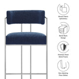 Paxton Curved Back Fabric and Metal Counter Stool in Silver Navy