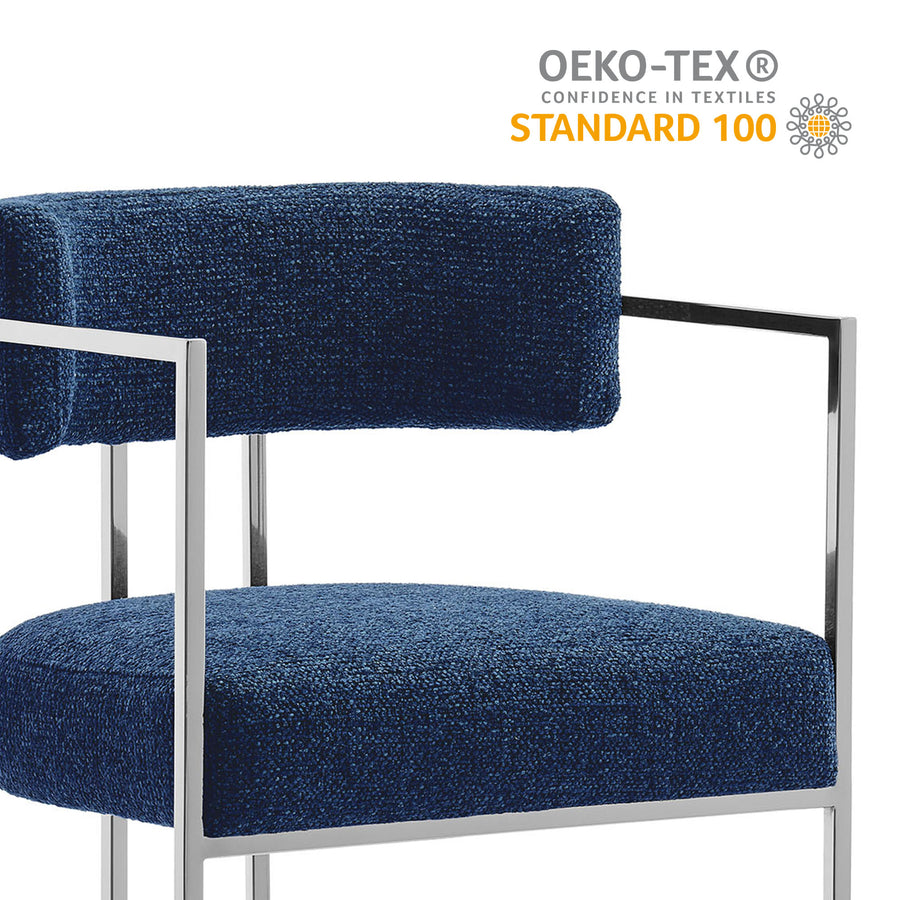 Paxton Curved Back Fabric and Metal Counter Stool in Silver Navy