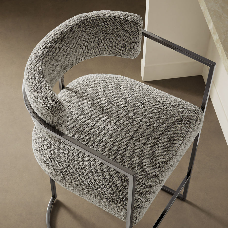 Paxton Curved Back Fabric and Metal Counter Stool in Silver Wheat