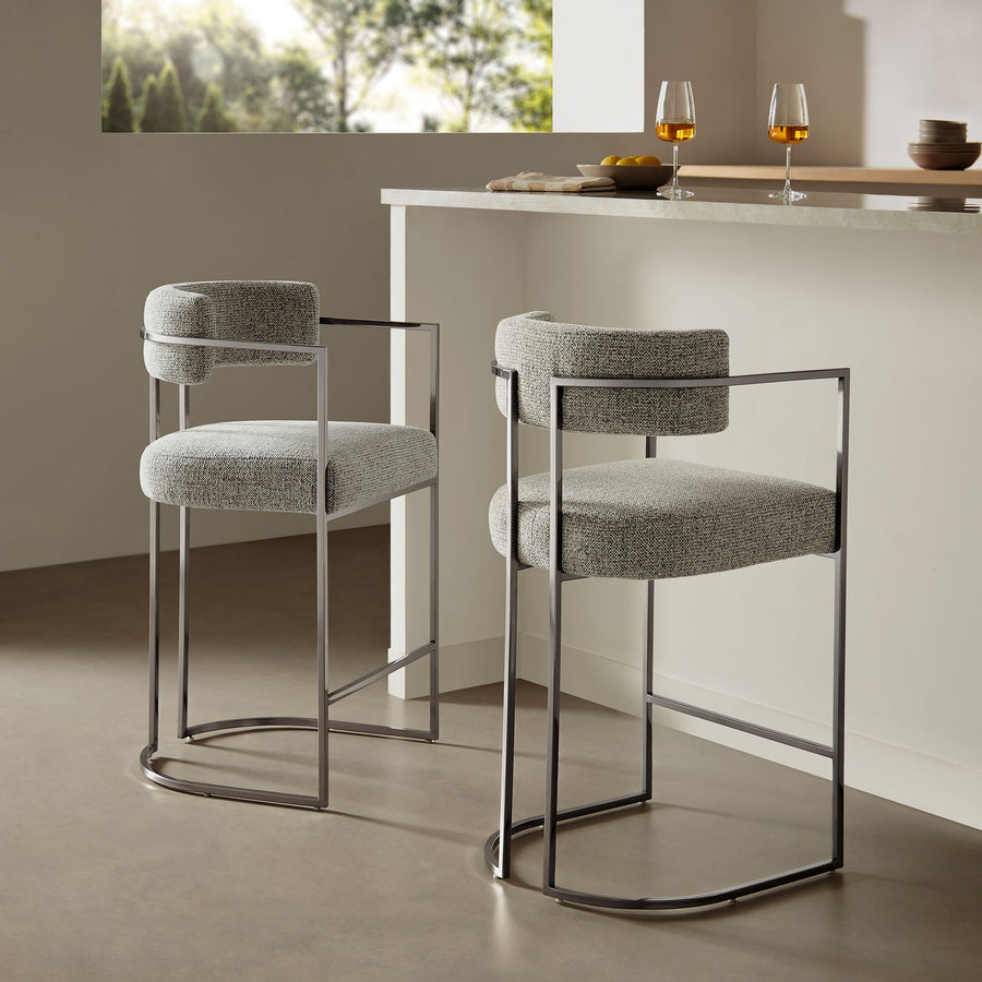 Paxton Curved Back Fabric and Metal Counter Stool in Silver Wheat
