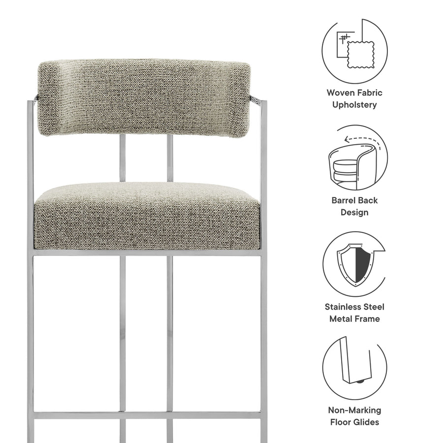 Paxton Curved Back Fabric and Metal Counter Stool in Silver Wheat