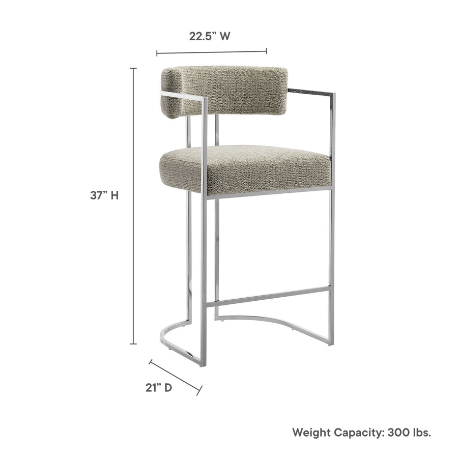 Paxton Curved Back Fabric and Metal Counter Stool in Silver Wheat