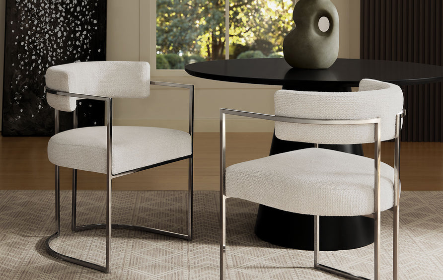 Paxton Curved Back Fabric and Metal Dining Accent Chair in Silver Cream